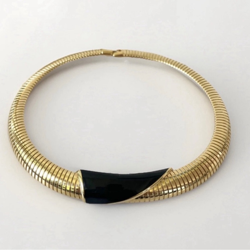 Vintage MONET Gold Tone Omega Collar Necklace Black Enamel 1980s Statement